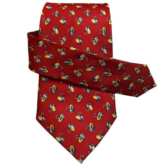 Cape Cod Neckwear 100% Silk Tie Red Fly Fishing Fly Lure Yellow Blue Flies - Picture 3 of 10